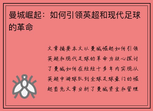 曼城崛起：如何引领英超和现代足球的革命